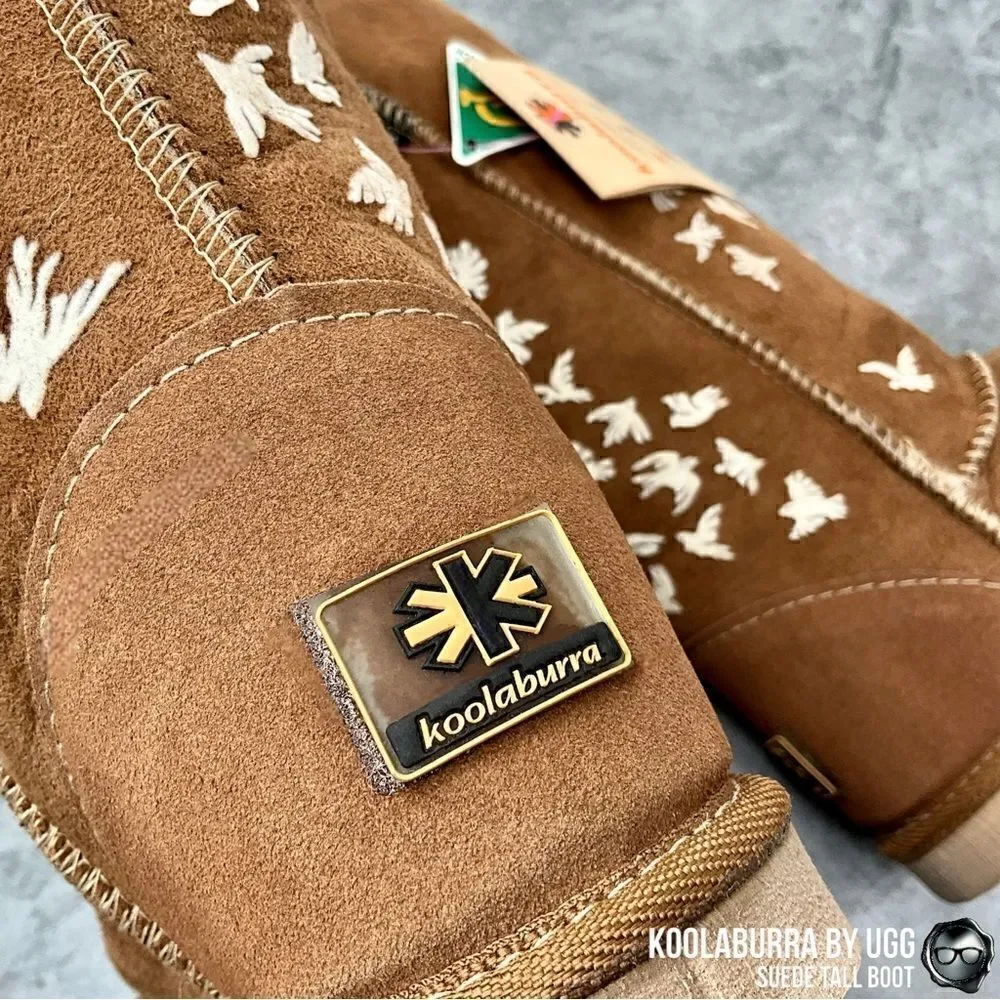 UGG KOOLABURRA PEACE TALL BOOTS CHESTNUT SUEDE SHEEPSKIN FLYING BIRDS DOVE FLOCK
